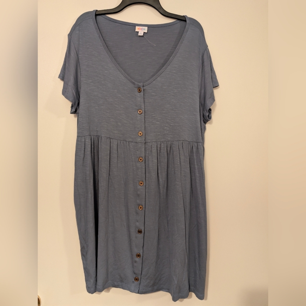 LuLaRoe Heidi Button-Front Babydoll Dress with Pockets - Blue - XL